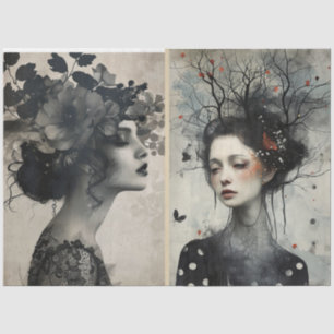 Artists Mixed Media Black White Ivory Large Faces  Tissue Paper