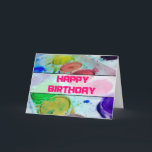 Artists Watercolor Paint Palette Happy Birthday Card<br><div class="desc">Brightly coloured splashes of paint in this photo of an artists watercolor paint palette. Cute and colourful round cakes of vibrant and vivid paint fill this palette. Spills and splatters give it a well used artistic look. Happy birthday written in a big bold pink font. Customisable birthday message on the...</div>