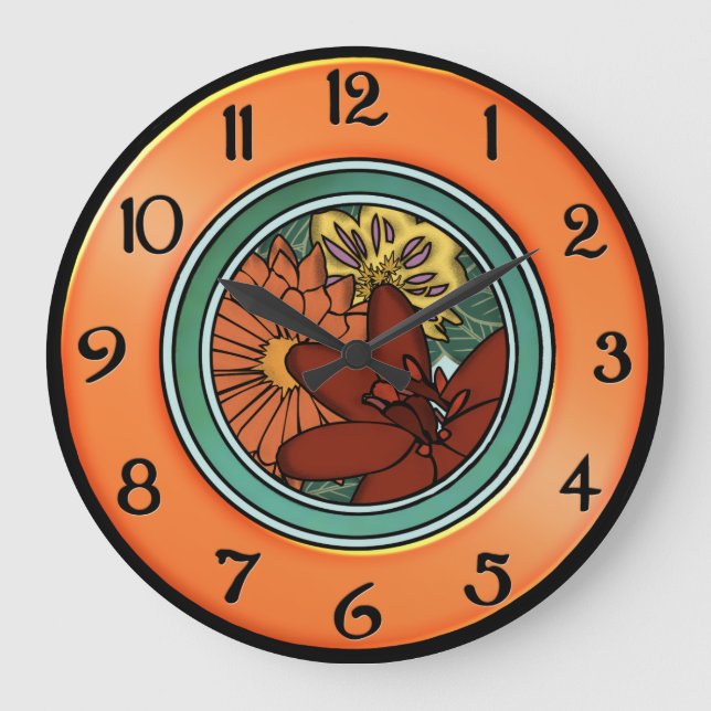 Arts and Crafts Flower Plate in Orange and Green Large Clock (Front)