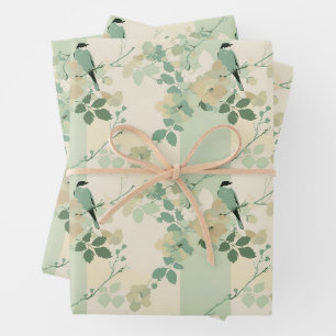Arts and crafts inspired birds and foliage wrapping paper sheet