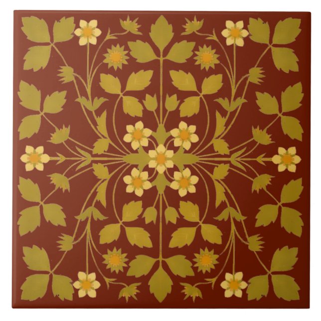 Arts And Crafts Style Strawberry Blossoms Pattern Tile (Front)