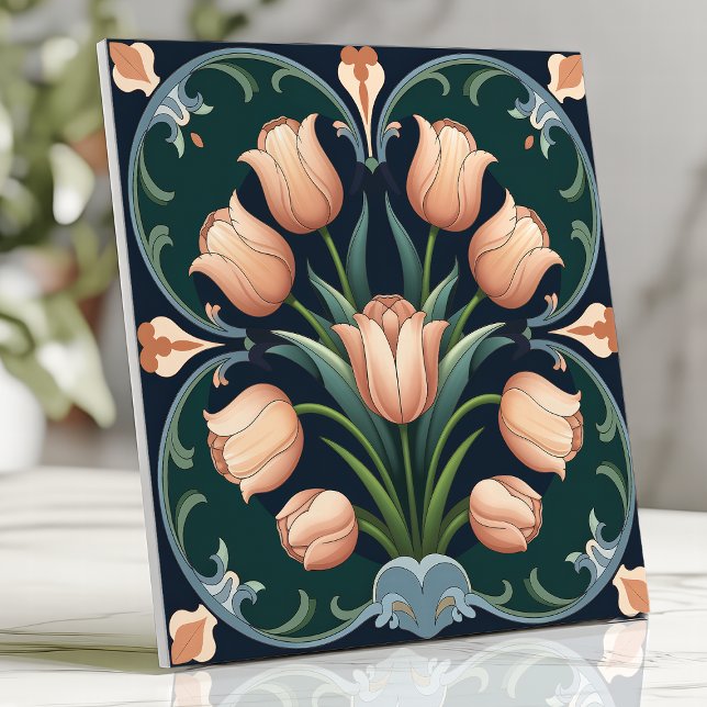 Arts and Crafts Tulip Bouquet on Deep Green Tile (Creator Uploaded)