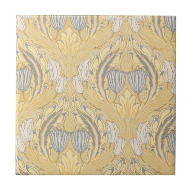 Arts and Crafts Walter Crane Blue White Tulips Tile (Front)