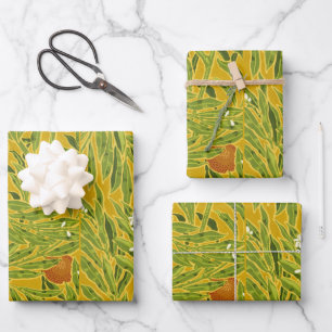 Arts and Crafts Yellow Orange Fruit Floral Art Wrapping Paper Sheet