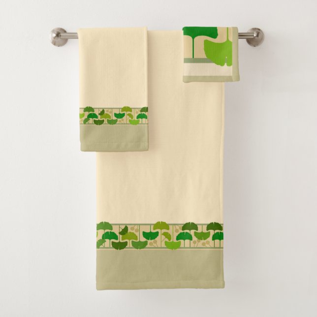 Arts & Crafts Geometric Ginkgo Pattern Bath Towel Set (Insitu)