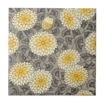 Arts & Crafts Greys Yellow Chrysanthemum Repro