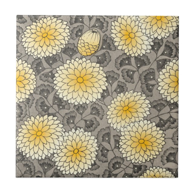 Arts & Crafts Greys Yellow Chrysanthemum Repro Tile (Front)