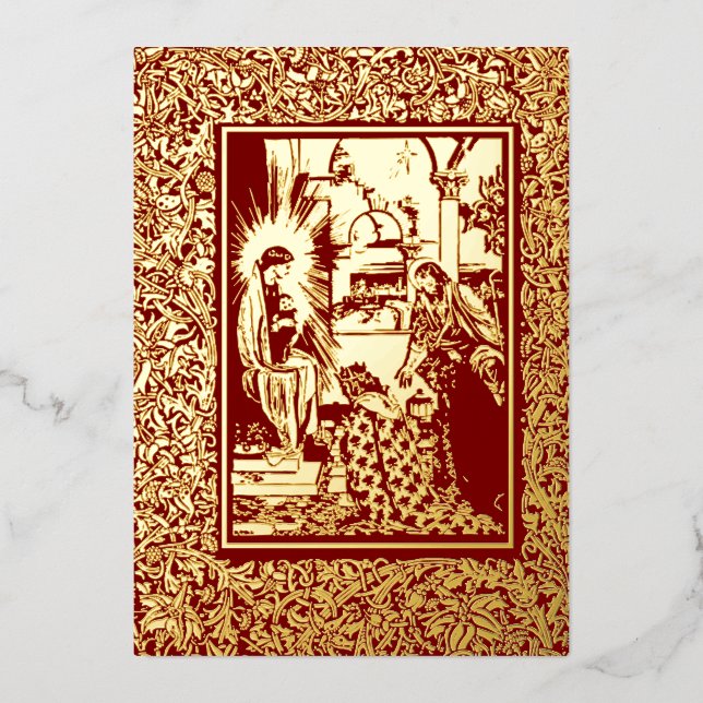 Arts & Crafts Style 1896 Christmas Nativity Foil Holiday Card (Front)