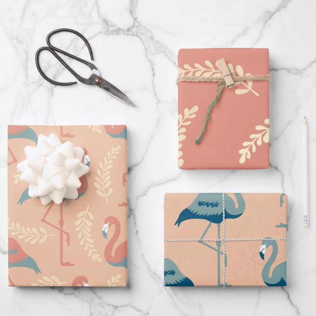 Arts & Crafts style decorative Flamingo patterned Wrapping Paper Sheet (Front)