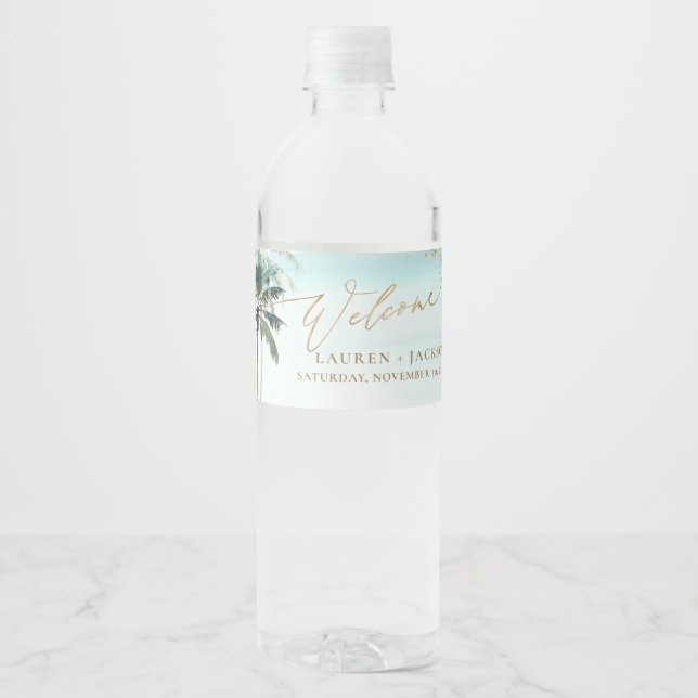ArtsApp Chic Tropical Paradise Wedding Water Bottle Label (Front)