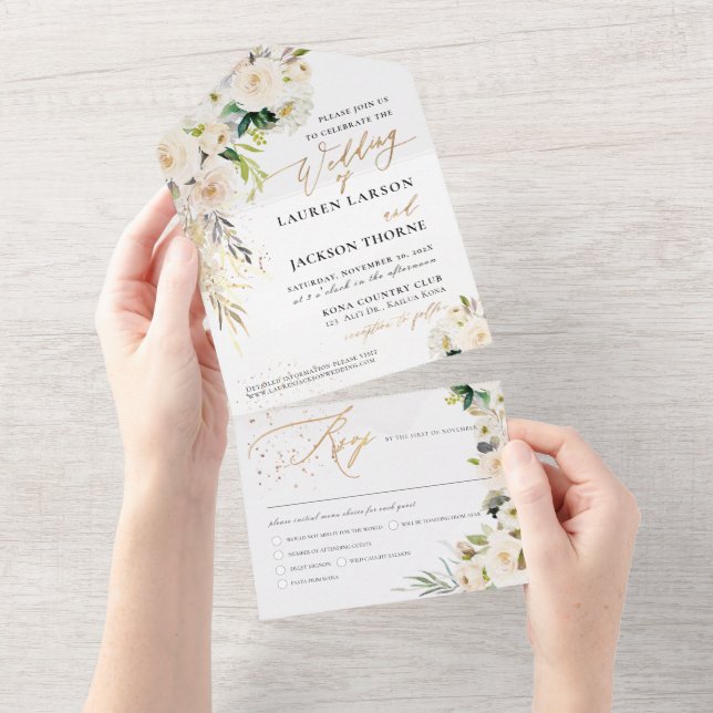 ArtsApp Elegant Alabaster Cream Roses Gold Dust All In One Invitation (Tearaway)