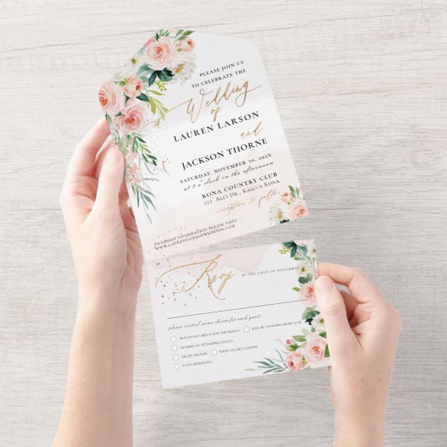 ArtsApp Elegant Blush Pink Roses Gold Dust All In One Invitation (Tearaway)