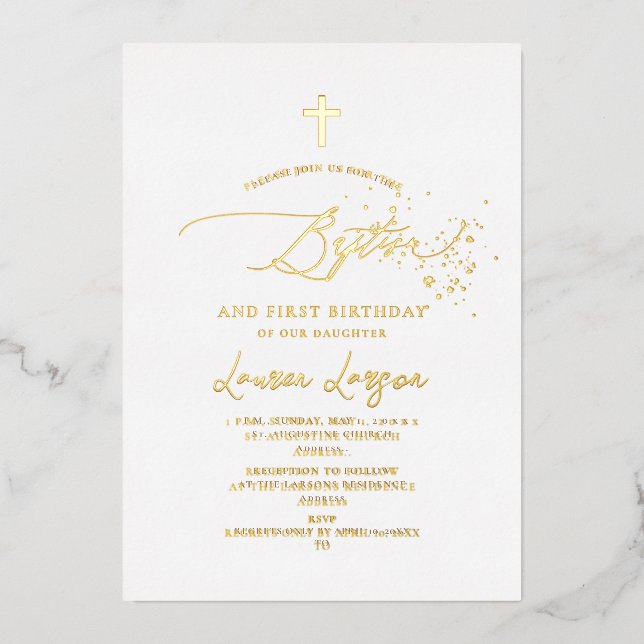 ArtsApp Elegant Calligraphy Baptism 1st Birthday  Foil Holiday Card (Front)