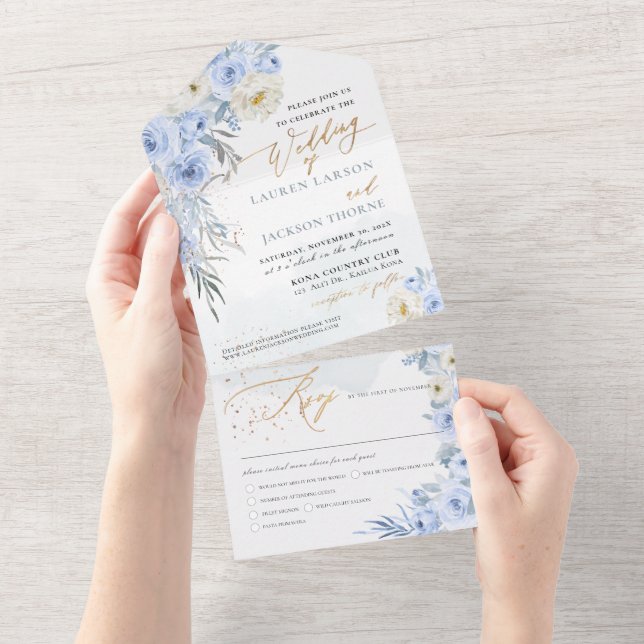 ArtsApp Elegant Dusty Blue Roses Gold Dust All In One Invitation (Tearaway)