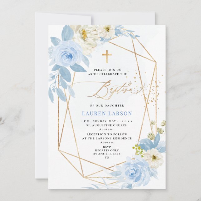 ArtsApp Elegant H2 Dusty Blue Roses Baptism Invitation (Front)