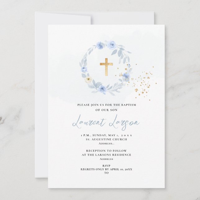 ArtsApp Elegant H2 Dusty Blue Roses Baptism Invitation (Front)