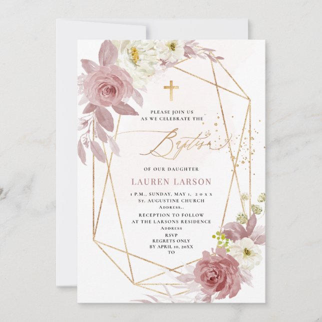 ArtsApp Elegant H2 Dusty Pink Roses Baptism Invitation (Front)