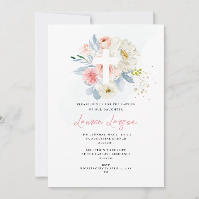 ArtsApp Elegant H2 Pale Pink Roses Baptism Invitation (Front)