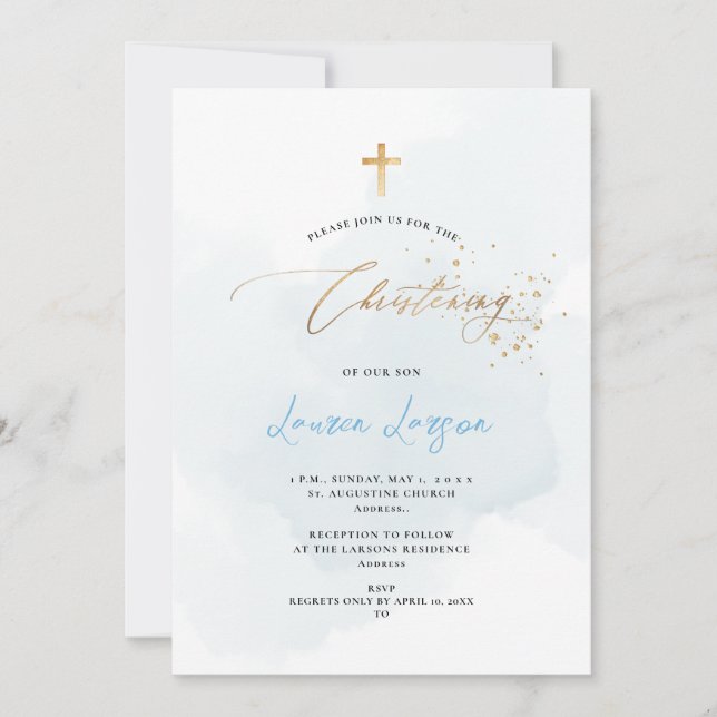ArtsApp Elegant H2 Washed Pale Blue Christening Invitation (Front)
