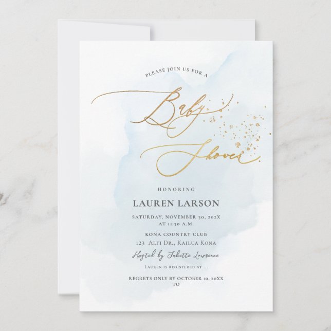 ArtsApp H2 Baby Blue Gold Calligraphy Baby Shower Invitation (Front)