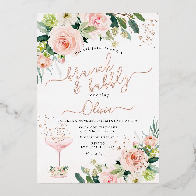 ArtsApp H2 Blush Pink Roses Brunch Bubbly Foil Holiday Card (Front)