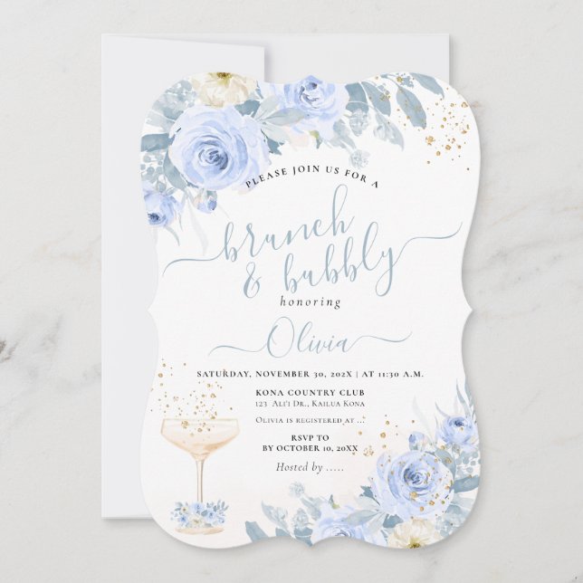 ArtsApp H2 Dusty Blue Roses Brunch Bubbly Invitation (Front)