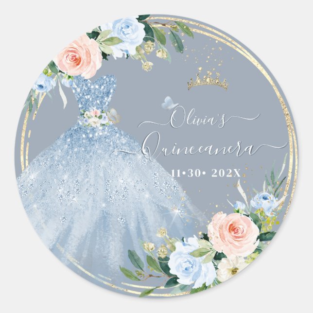 ArtsApp H2 Pink Blue Roses Sparkling Quinceanera Classic Round Sticker (Front)