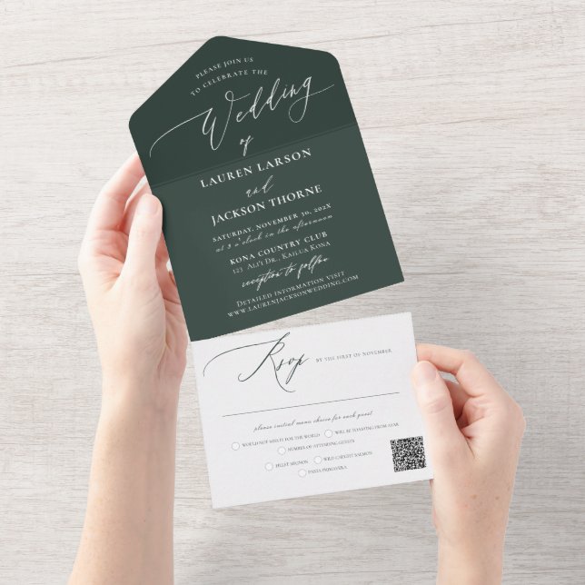 ArtsApp Modern Calligraphy Forest Green Wedding All In One Invitation (Tearaway)