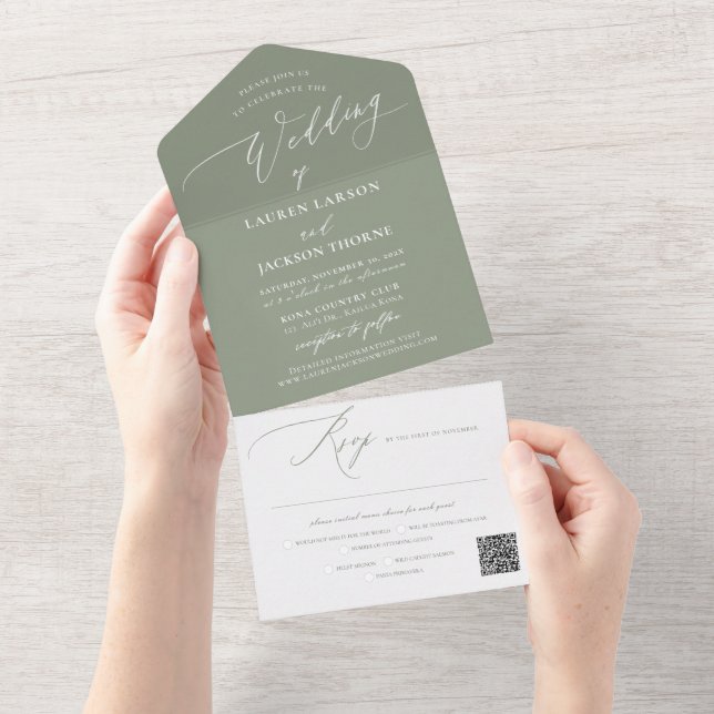 ArtsApp Modern Calligraphy Sage Green Wedding All In One Invitation (Tearaway)