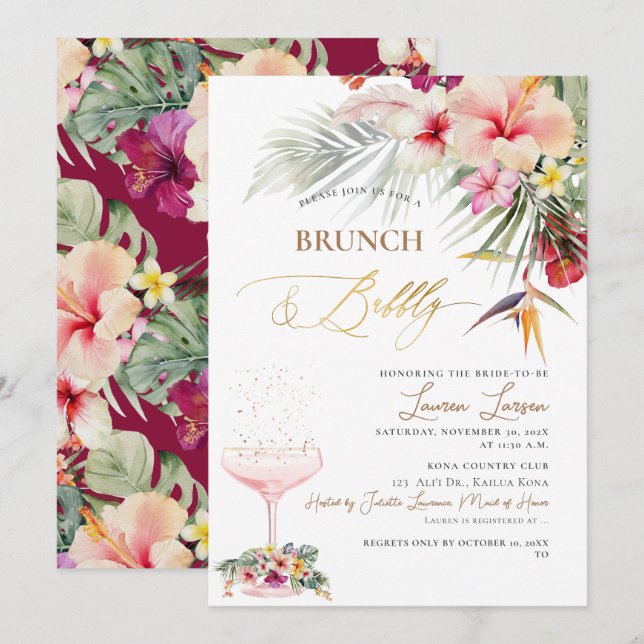 ArtsApp Tropical Paradise Faux Gold Brunch+Bubbly Invitation (Front/Back)