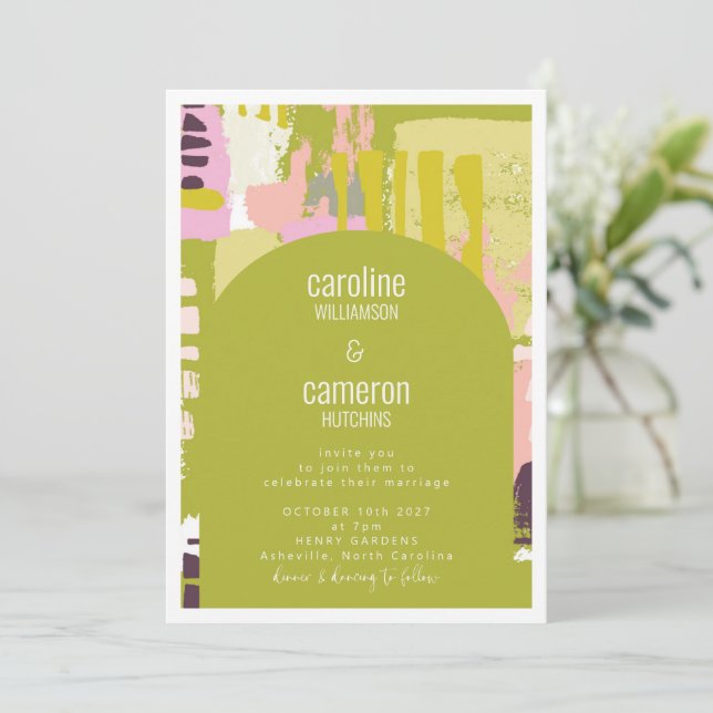 Artsy Abstract Arch Art Lime Green Pink Wedding Invitation (Standing Front)
