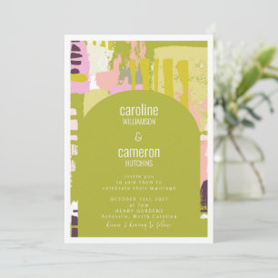 Artsy Abstract Arch Art Lime Green Pink Wedding Invitation