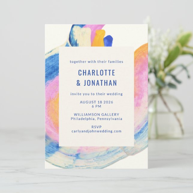 Artsy Abstract Blue and Yellow Watercolor Wedding Invitation (Standing Front)