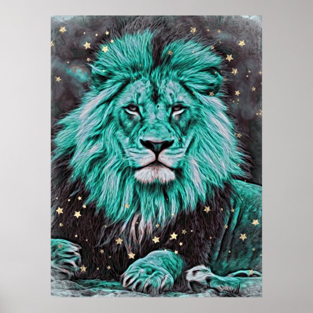 *~* Artsy Abstract Bold  TEAL Celestial LION AP23 Poster (Front)