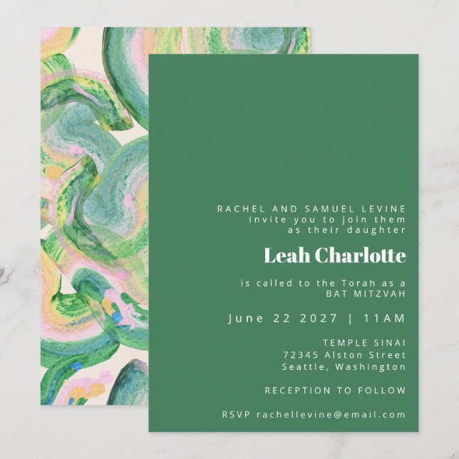 Artsy Abstract Green Watercolor Bat Bar Mitzvah  Invitation (Front/Back)