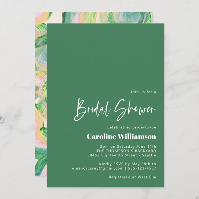 Artsy Abstract Green Watercolor Bridal Shower Invitation (Front/Back)