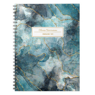 Artsy Abstract Ink Gold Glitter Name and Subject Notebook
