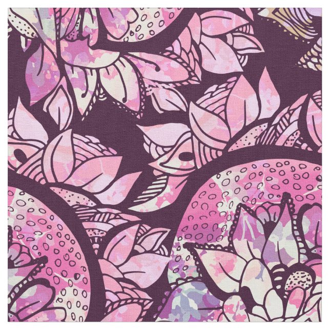 Artsy Abstract Pink Purple Hand Drawn Floral Print Fabric (Close Up)