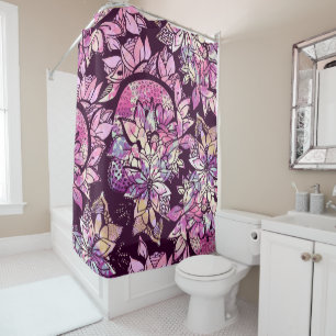 Artsy Abstract Pink Purple Hand Drawn Floral Print Shower Curtain