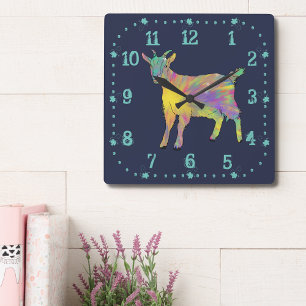 Artsy Baby Goat Colourful Rainbow Farm Animal Art Square Wall Clock