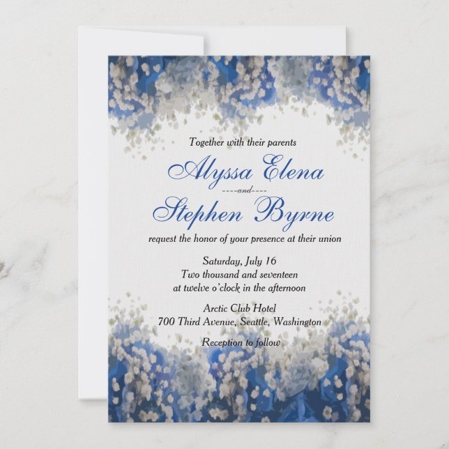 Artsy Baby's Breath on Blue Petals Wedding Invite (Front)