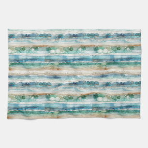 Artsy beach abstract ink stripes waffle weave tea towel