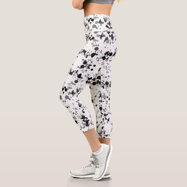 Artsy Black and White Paint Splatter Pattern Capri Leggings (Left)