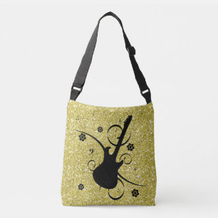Artsy Black Guitar & Flowers Gold Faux Glitter Crossbody Bag