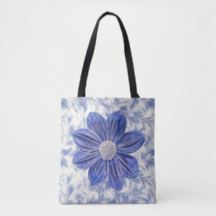 Artsy Blue Flower on Vintage Pattern Tote Bag