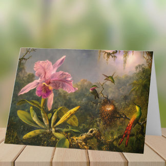 Artsy Brazilian Cattelya Orchid and 3 Hummingbirds Note Card