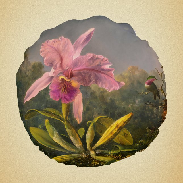 Artsy Brazilian Cattelya Orchid and 3 Hummingbirds Round Cushion (Creator Uploaded)