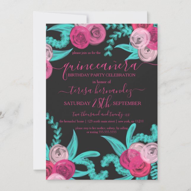 Artsy Bright Neon Pink Teal Flowers Quinceañera Invitation (Front)