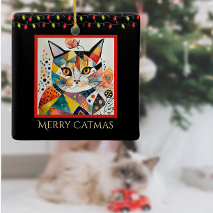 Artsy Cat with Chrstmas Lights Merry Catmas Black Ceramic Ornament