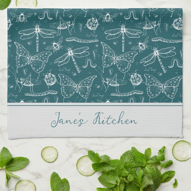 Artsy Chef's Kitchen Teal Blue Insect Drawing Tea Towel (Folded)